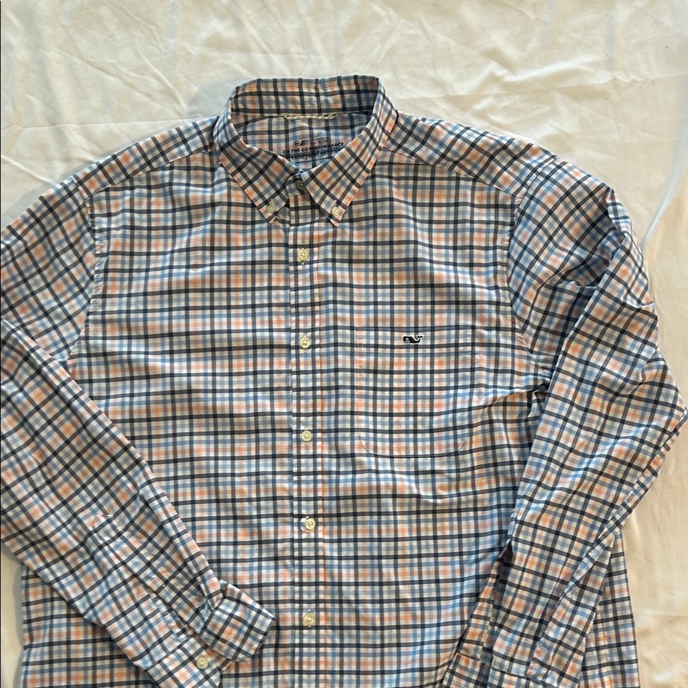 Vineyard Vines Blue and Peach Plaid Button-Down Shirt